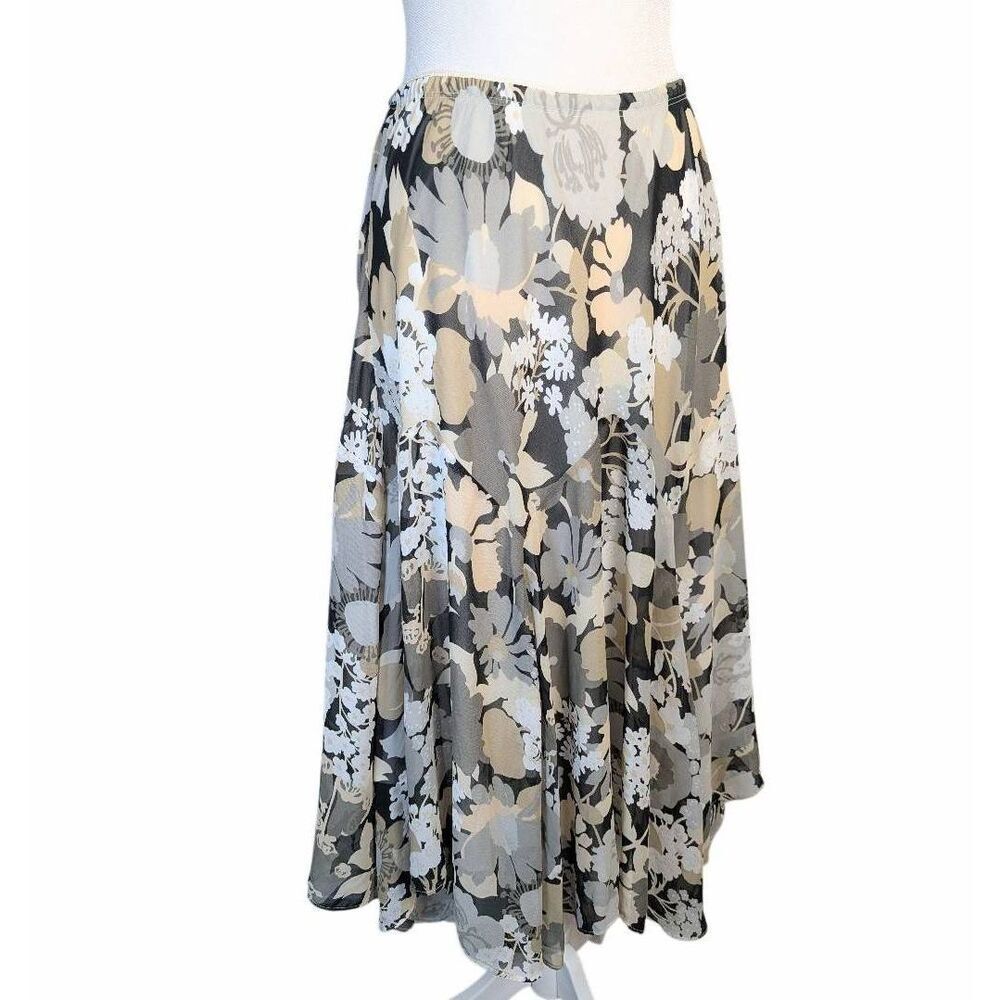 90s Bob Mackie wearable beige tan black floral scarf asymmetrical hem skirt L